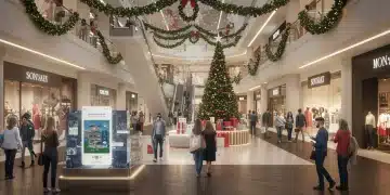 Futuristic holiday shopping scene in 2025 with AR and mobile e-commerce