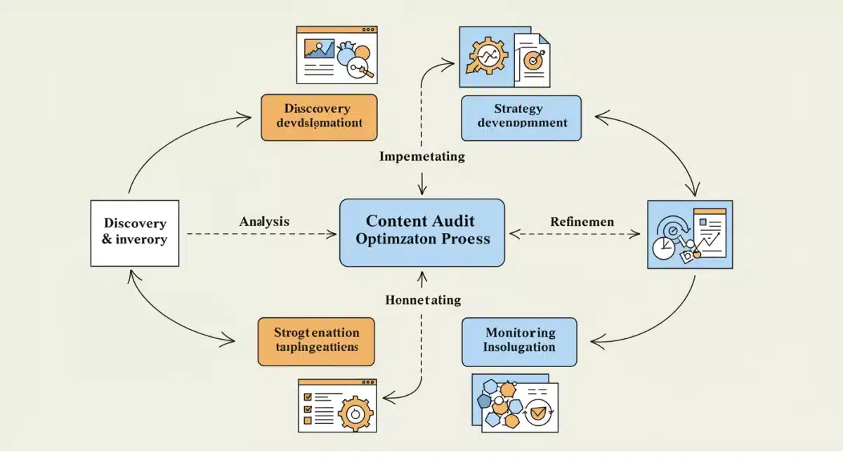 Six-phase content audit optimization process flowchart