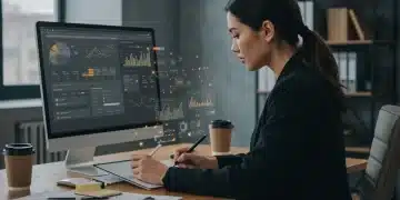 Woman analyzing content audit data on a computer for SEO optimization