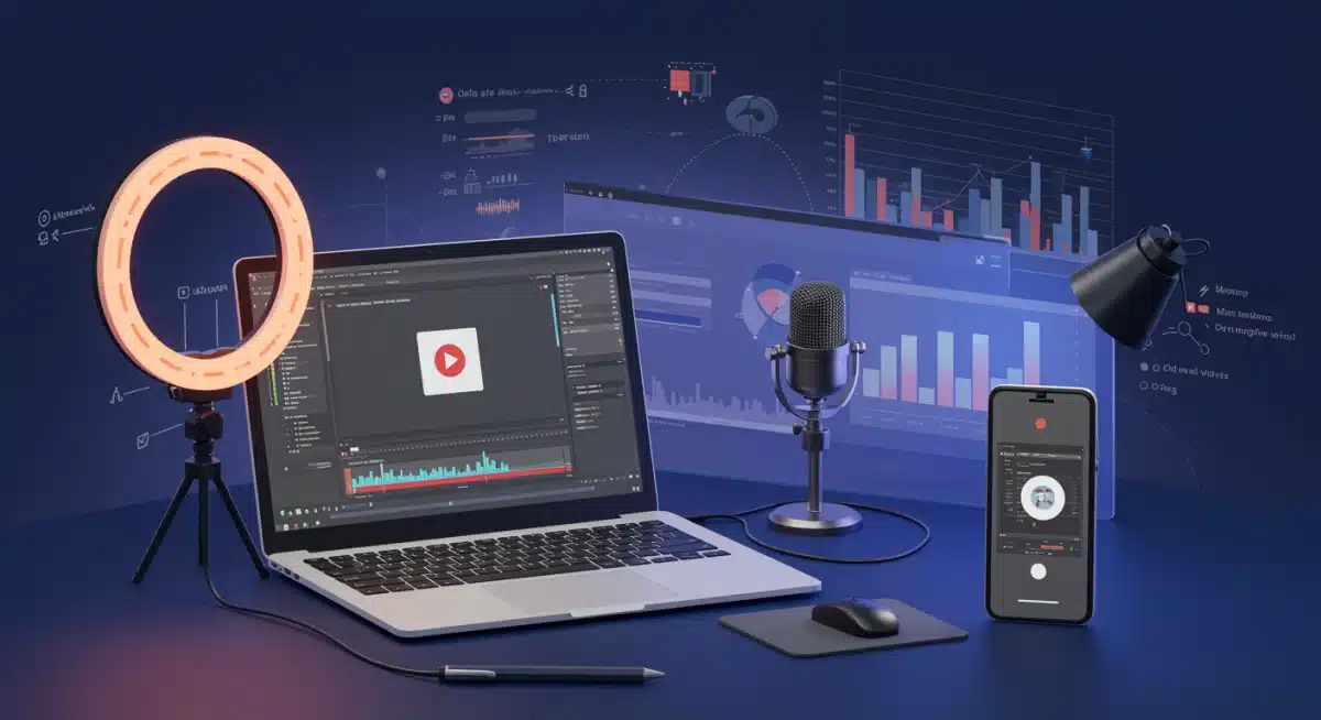 Content creator's desk with video editing setup and smartphone recording.