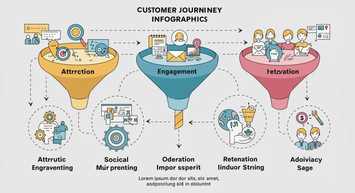 Customer journey stages in e-commerce funnel with marketing tactics
