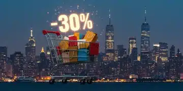 E-commerce cart with 30% reduction symbol, US city background
