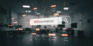 Digital marketplace with glowing product listings, representing e-commerce SEO success and top rankings.