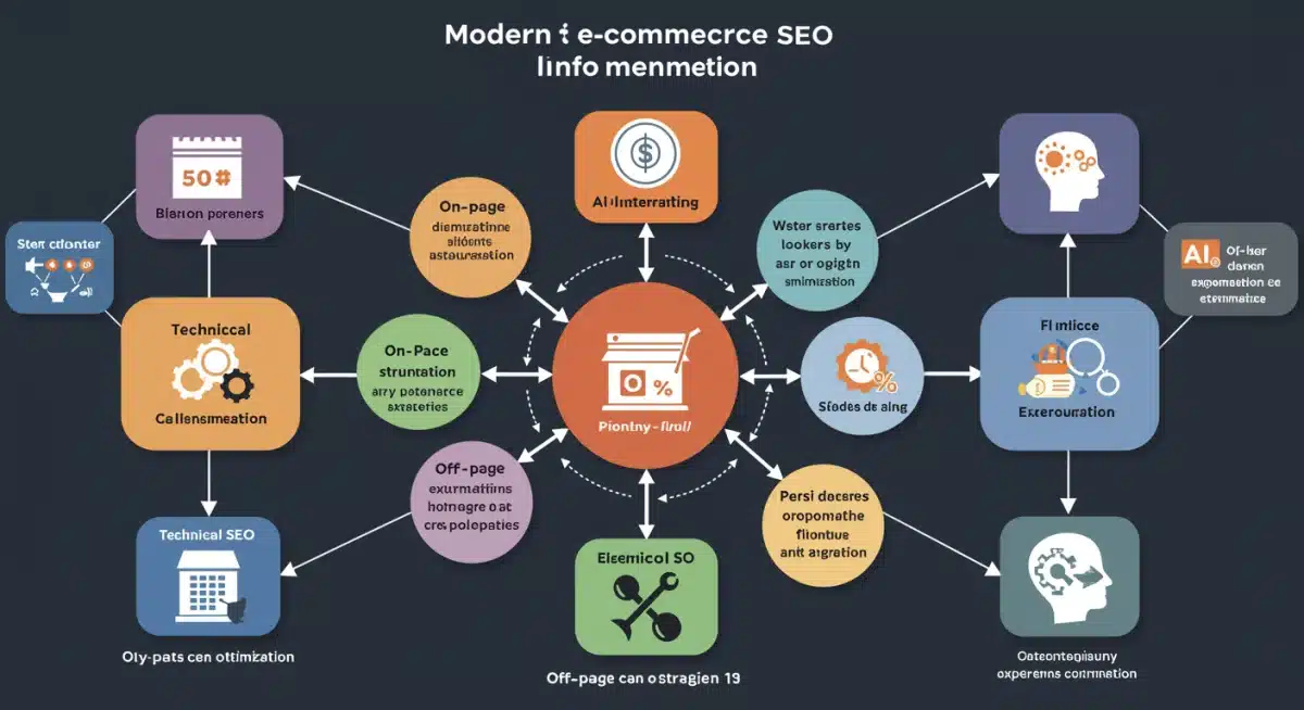 Infographic detailing interconnected elements of modern e-commerce SEO strategy for product ranking.