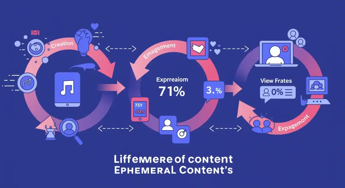 Infographic showing ephemeral content lifecycle and engagement statistics