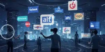 Futuristic cityscape with holographic brand logos, symbolizing Facebook's metaverse brand integration.