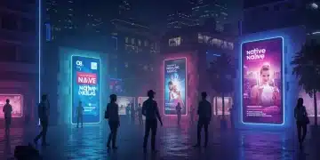 Futuristic city with integrated native ads and engaged users