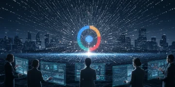 Futuristic digital landscape with Google logo and US business professionals analyzing data