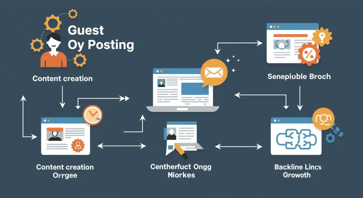 Infographic demonstrating the process and benefits of guest posting for acquiring backlinks.