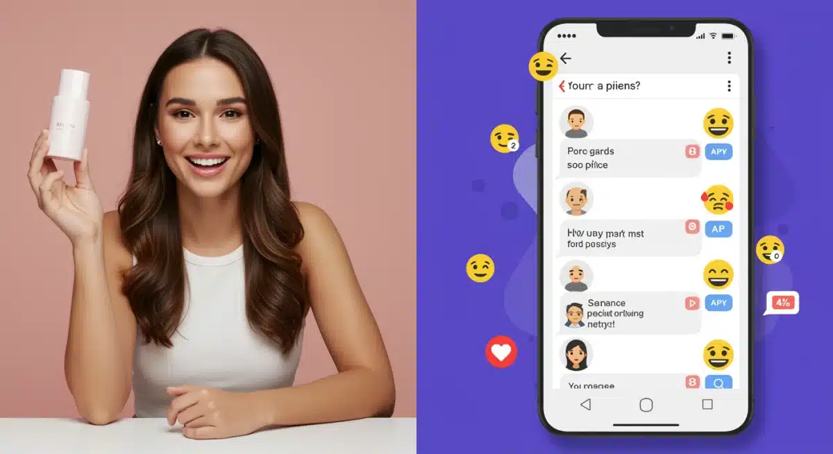 Influencer demonstrating a product during a live shopping event, with real-time customer interaction and sales notifications.