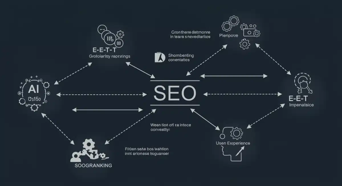 Infographic showing interconnected SEO factors: AI, E-E-A-T, user experience