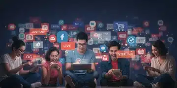 People engaging in live shopping on social media platforms, with vibrant product displays and interactive elements.