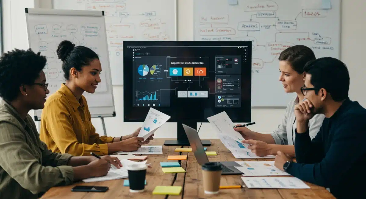 Marketing team collaborating on paid media budget strategy for 2025