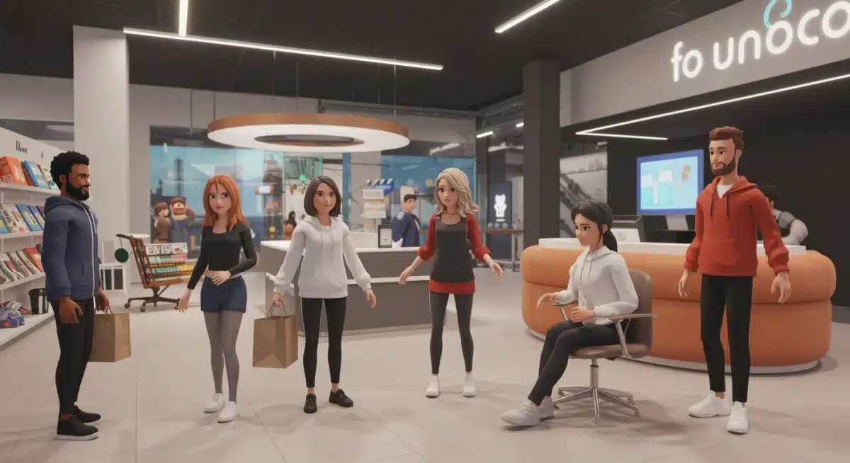 Avatars interacting in a branded virtual space within the metaverse, showcasing community engagement.