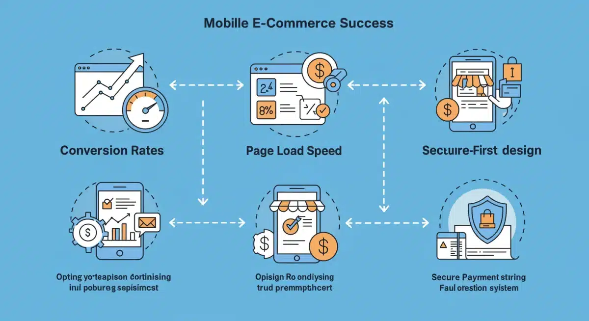 Infographic detailing mobile e-commerce success metrics like conversion rate, page speed, and secure payments.