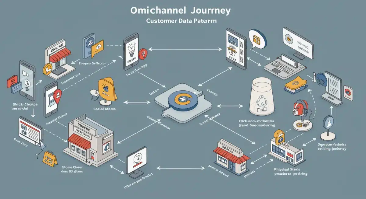 Omnichannel customer journey map with integrated online and offline touchpoints