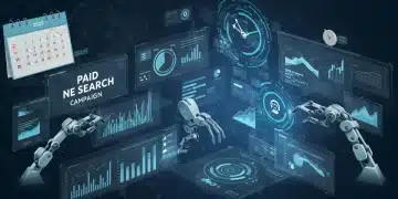 Paid search automation dashboard with robotic arms optimizing campaigns, symbolizing efficiency and time savings by 2025.