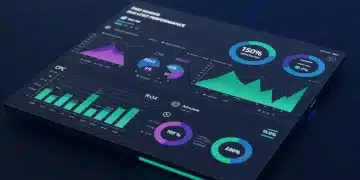 Digital dashboard showing paid social media benchmarks for 2025 with performance metrics and a 15% improvement target.