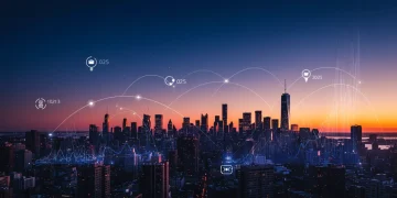 Futuristic digital city representing Q1 2025 US e-commerce growth