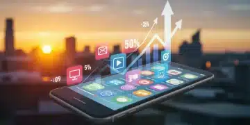 Smartphone displaying short-form video content with social media icons and growth charts.