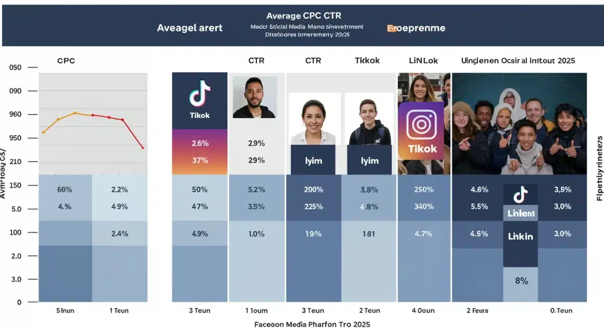 Infographic comparing 2025 CPC and CTR benchmarks across leading social media platforms.