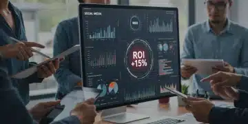 Digital dashboard showing social media ROI metrics and 15% growth