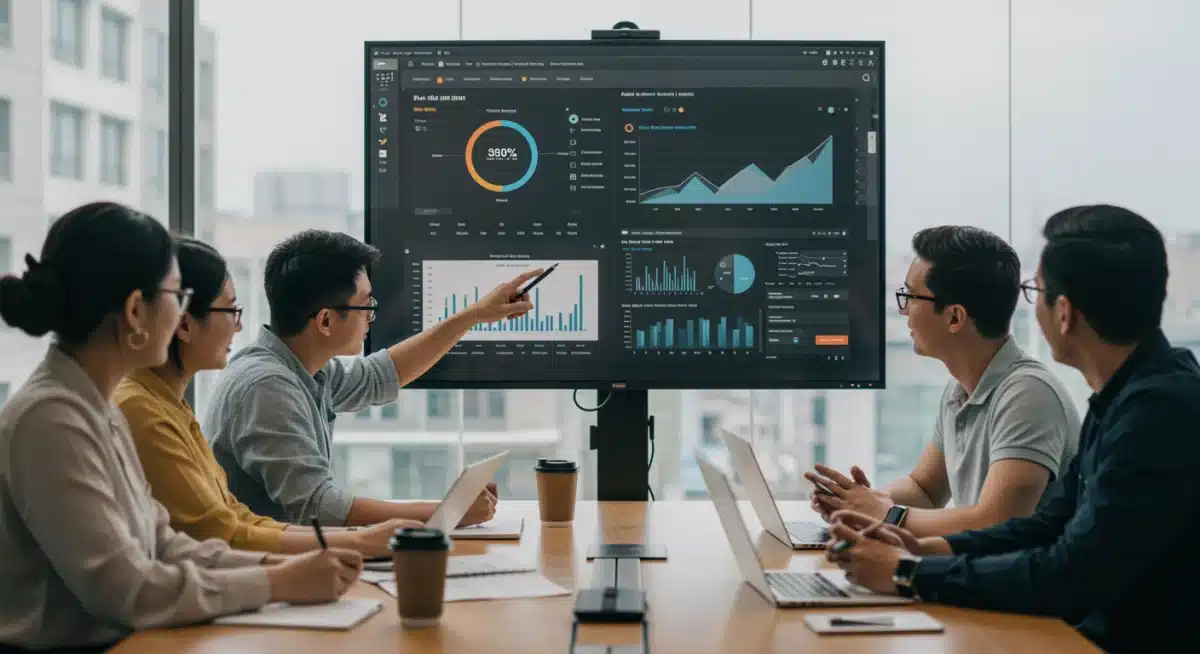 Marketing team analyzing real-time data on a unified dashboard for strategic decisions