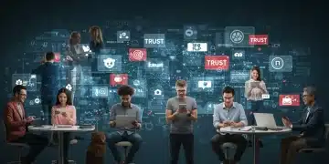 Diverse individuals engaging with user-generated content for brand trust