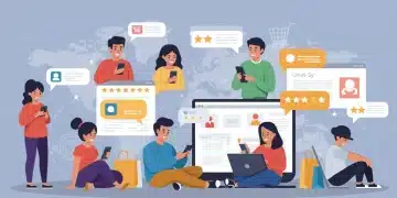 Diverse individuals engaging with e-commerce products, showcasing user reviews and star ratings, symbolizing increased trust and conversions.