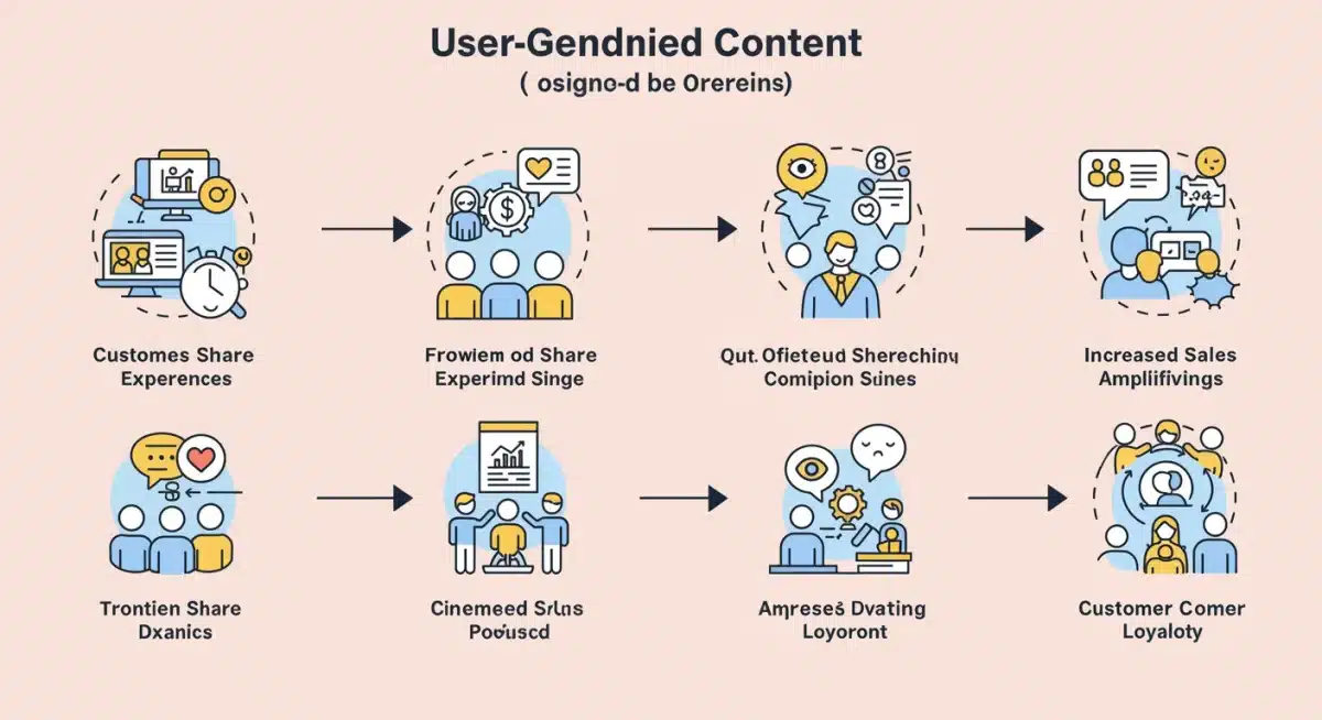 Infographic illustrating the lifecycle and impact of user-generated content on e-commerce sales and customer loyalty.
