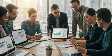 US marketers strategizing for mobile-first indexing on tablets and phones in a modern office