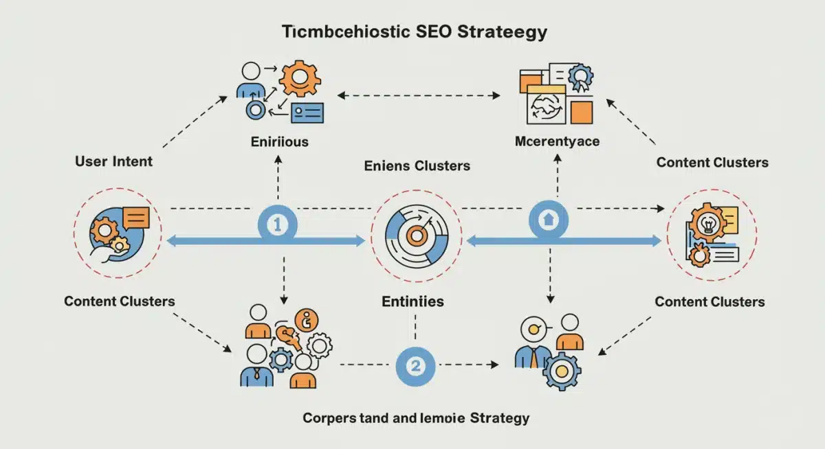 Infographic showing user intent, entities, and content clusters in semantic SEO