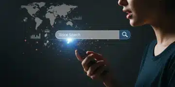 Woman using voice search on smartphone with US map overlay, representing voice search optimization.