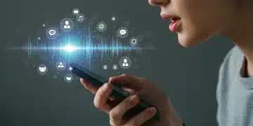 Person interacting with voice assistant on smartphone surrounded by social media icons